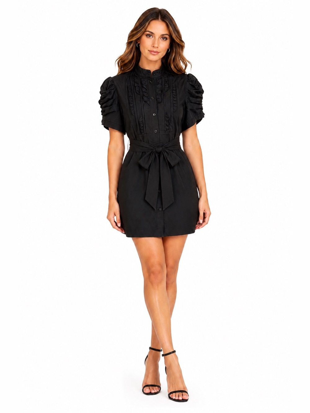 Bebe 100% Silk Black Ruffle Puff Sleeve Belted‎ Mini Shirt Dress Medium Romantic